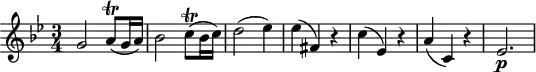 
\header {
  tagline = ##f
}
\score {
  \new Staff \with {
  }
<<
  \relative c'' {
    \key bes \major
    \time 3/4
    \override TupletBracket #'bracket-visibility = ##f 
    %\autoBeamOff
     %%%%%%%%%%%%%%%%%%%%%%%%%% K312/590d
     g2 a8\trill( g16 a) bes2 c8\trill( bes16 c) d2( ees4) ees( fis,) r4 c'( ees,) r4 a( c,) r4 ees2.\p
  }
>>
  \layout {
    \context {
      \remove "Metronome_mark_engraver"
    }
  }
  \midi {}
}
