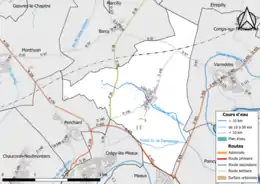 Carte en couleur présentant le réseau hydrographique de la commune