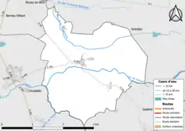 Carte en couleur présentant le réseau hydrographique de la commune