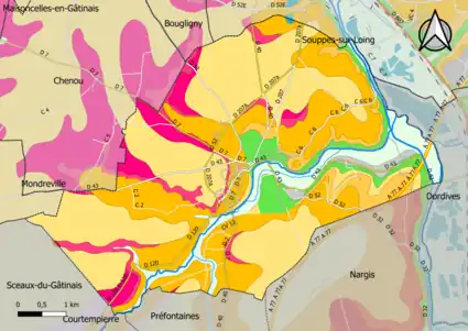 Carte montrant en couleurs le zonage géologique simplifié d'une commune