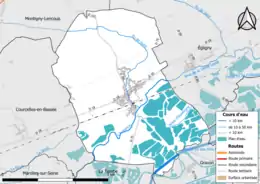 Carte en couleur présentant le réseau hydrographique de la commune