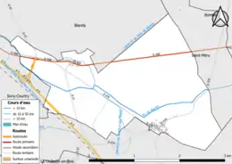 Carte en couleur présentant le réseau hydrographique de la commune