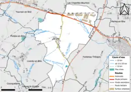 Carte en couleur présentant le réseau hydrographique de la commune