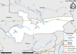 Carte en couleur présentant le réseau hydrographique de la commune