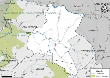 Carte des ZNIEFF de type 2 de la commune.