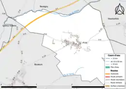 Carte en couleur présentant le réseau hydrographique de la commune