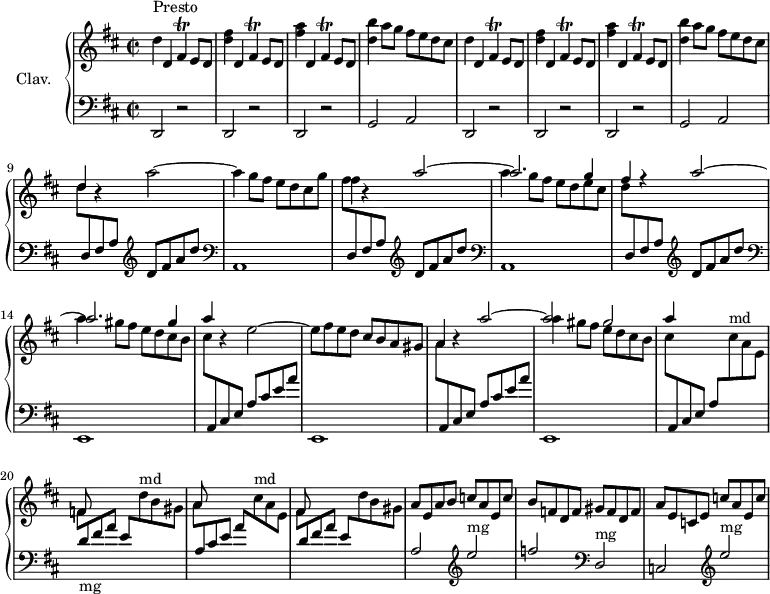 
\version "2.18.2"
\header {
  tagline = ##f
}
%% les petites notes
trillB      = { \tag #'print { fis4\trill } \tag #'midi { g32 fis g fis~ fis16~ fis16 } }
forFDE      = { \trillB e8 d }
upper = \relative c'' {
  \clef treble 
  \key d \major
  \time 2/2
  \tempo 2 = 80
  \set Staff.midiInstrument = #"harpsichord"
      s8*0^\markup{Presto}
      \repeat unfold 2 { d4 d, \forFDE | < d' fis >4 d, \forFDE | < fis' a >4 d, \forFDE | < d' b' >4 a'8 g fis e d cis } |
      % ms. 9
      \stemUp d4 r4 \stemDown a'2~ | 
      % ms. 10
      a4 g8 fis e d cis g' | fis4 r4 \stemUp << { a2~ a2. g4 | fis r4 a2~ | a2. gis4 } \\ { s2 a4 g8 fis e d e cis | s1 | a'4 gis8 fis e d cis b | } >> |
      % ms. 15
      a'4 r4 \stemNeutral e2~ | e8  fis e d cis b a gis | a4 r4 |
      % ms. 18
      << { a'2~ a2 gis } \\ { s2 a4 gis8 fis e d cis b } >> | \stemUp a'4 s2. | f,8 s8 s2. | a8 s8 s2. 
      % ms. 22
      fis8 s8 s2. | a8 e a b c a e c' | b f d f gis f d  f | a e c e c' a e c' |
}
lower = \relative c' {
  \clef bass
  \key d \major
  \time 2/2
  \set Staff.midiInstrument = #"harpsichord"
    % **************************************
      \repeat unfold 2 { \repeat unfold 3 { d,,2 r2 } g2 a } | \stemDown \change Staff = "upper" d''8 \stemUp \change Staff = "lower" d,,8 fis a    \clef treble d fis a d | 
      % ms. 10
      \clef bass a,,1 | \stemDown \change Staff = "upper" fis'''8 \stemUp \change Staff = "lower" d,,8 fis a    \clef treble d fis a d  | \clef bass a,,1 | \stemDown \change Staff = "upper" d''8 \stemUp \change Staff = "lower" d,,8 fis a    \clef treble d fis a d  |
      % ms. 14
       \clef bass \stemUp \change Staff = "lower"  e,,,1 | \stemDown \change Staff = "upper" cis'''8 \stemUp \change Staff = "lower" a,,8 cis e a cis e a  | \clef bass \stemUp \change Staff = "lower"  e,,1 | \stemDown \change Staff = "upper" a''8 \stemUp \change Staff = "lower" a,,8 cis e a cis e a  |
      % ms. 18
      \stemUp \change Staff = "lower" e,,1 | \stemDown \change Staff = "upper" cis'''8 \stemUp \change Staff = "lower"  a,, cis e a \stemDown \change Staff = "upper" cis'8^\markup{md} a e | f  \stemUp \change Staff = "lower" d8-\markup{mg} fis a e \stemDown \change Staff = "upper" d'8^\markup{md} b gis | a \stemUp \change Staff = "lower" a, cis e a \stemDown \change Staff = "upper" cis8^\markup{md} a e 
      % ms. 22
      \stemDown \change Staff = "upper" fis8 \stemUp \change Staff = "lower" d fis a e \stemDown \change Staff = "upper" d'8 b gis \stemUp \change Staff = "lower" a,2    \clef treble  e''2^\markup{mg} | f   \clef bass d,,2^\markup{mg} | c2 \clef treble  e''2^\markup{mg} |
}
thePianoStaff = \new PianoStaff <<
    \set PianoStaff.instrumentName = #"Clav."
    \new Staff = "upper" \upper
    \new Staff = "lower" \lower
  >>
\score {
  \keepWithTag #'print \thePianoStaff
  \layout {
      #(layout-set-staff-size 17)
    \context {
      \Score
     \override SpacingSpanner.common-shortest-duration = #(ly:make-moment 1/2)
      \remove "Metronome_mark_engraver"
    }
  }
}
\score {
  \keepWithTag #'midi \thePianoStaff
  \midi { }
}
