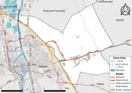 Carte en couleur présentant le réseau hydrographique de la commune