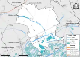 Carte en couleur présentant le réseau hydrographique de la commune