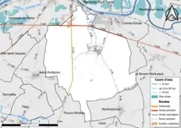 Carte en couleur présentant le réseau hydrographique de la commune