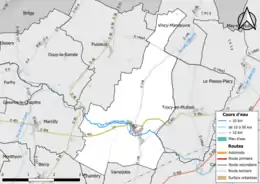 Carte en couleur présentant le réseau hydrographique de la commune