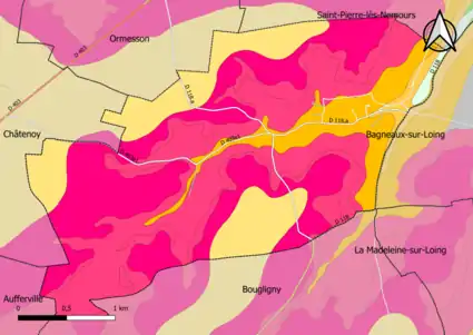 Carte montrant en couleurs le zonage géologique simplifié d'une commune