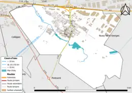 Carte en couleur présentant le réseau hydrographique de la commune