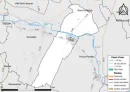 Carte en couleur présentant le réseau hydrographique de la commune