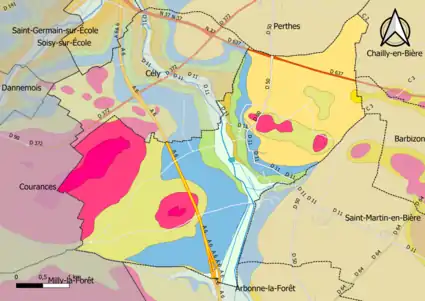 Carte montrant en couleurs le zonage géologique simplifié d'une commune