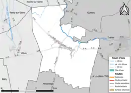 Carte en couleur présentant le réseau hydrographique de la commune