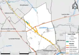 Carte en couleur présentant le réseau hydrographique de la commune