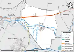 Carte en couleur présentant le réseau hydrographique de la commune