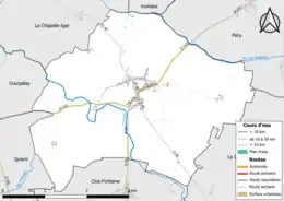 Carte en couleur présentant le réseau hydrographique de la commune