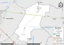 Carte en couleur présentant le réseau hydrographique de la commune