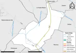 Carte en couleur présentant le réseau hydrographique de la commune