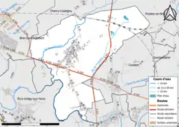 Carte en couleur présentant le réseau hydrographique de la commune