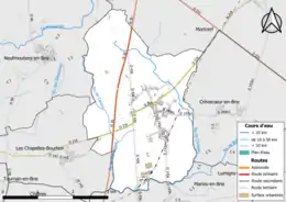 Carte en couleur présentant le réseau hydrographique de la commune