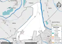 Carte en couleur présentant le réseau hydrographique de la commune