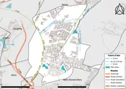 Carte en couleur présentant le réseau hydrographique de la commune