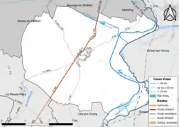 Carte en couleur présentant le réseau hydrographique de la commune