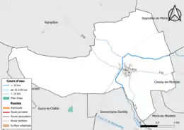 Carte en couleur présentant le réseau hydrographique de la commune