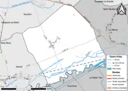 Carte en couleur présentant le réseau hydrographique de la commune