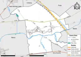 Carte en couleur présentant le réseau hydrographique de la commune