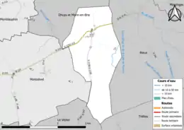 Carte en couleur présentant le réseau hydrographique de la commune