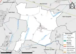 Carte en couleur présentant le réseau hydrographique de la commune