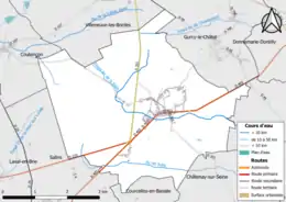 Carte en couleur présentant le réseau hydrographique de la commune