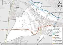 Carte en couleur présentant le réseau hydrographique de la commune