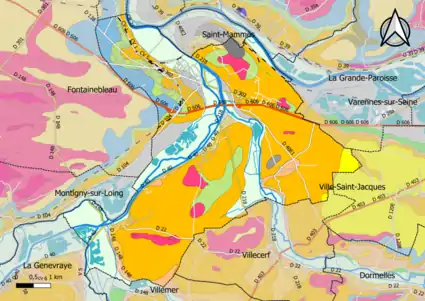 Carte montrant en couleurs le zonage géologique simplifié d'une commune