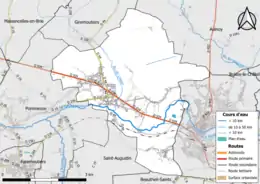 Carte en couleur présentant le réseau hydrographique de la commune