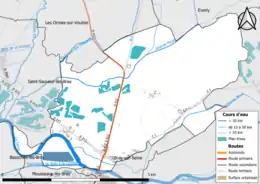 Carte en couleur présentant le réseau hydrographique de la commune