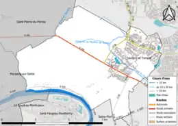 Carte en couleur présentant le réseau hydrographique de la commune