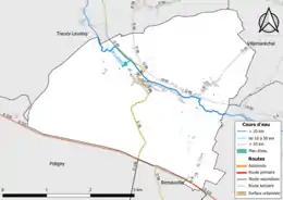 Carte en couleur présentant le réseau hydrographique de la commune