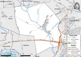 Carte en couleur présentant le réseau hydrographique de la commune