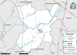 Carte en couleur présentant le réseau hydrographique de la commune