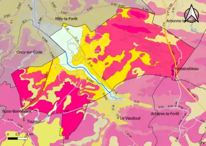 Carte montrant en couleurs le zonage géologique simplifié d'une commune