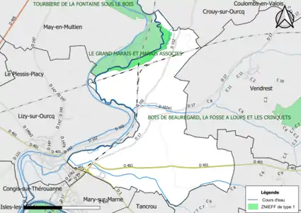 Carte des ZNIEFF de type 1 de la commune.