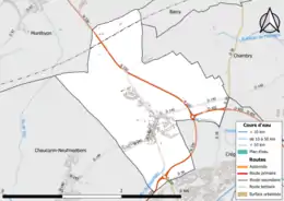 Carte en couleur présentant le réseau hydrographique de la commune