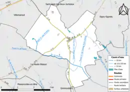 Carte en couleur présentant le réseau hydrographique de la commune