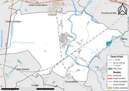 Carte en couleur présentant le réseau hydrographique de la commune