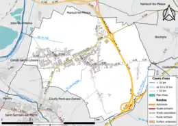 Carte en couleur présentant le réseau hydrographique de la commune